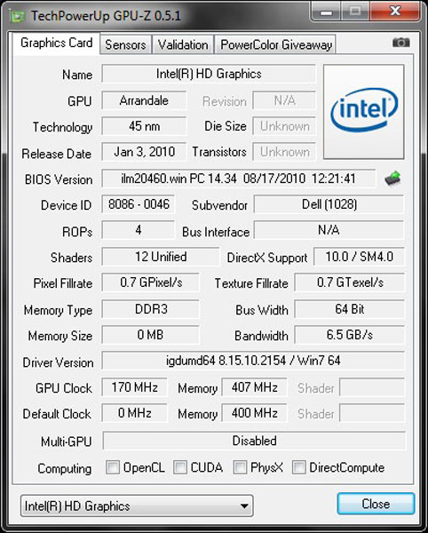GPUz Intel GMA 5700MHD