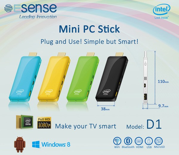 Esense Mini-PC Stick D1: Intel Atom Z3735F e Windows 8.1