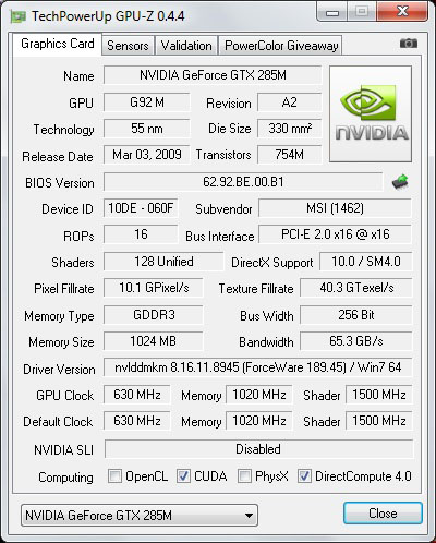 GPUz della scheda video Nvidia GeForce GTX 285M
